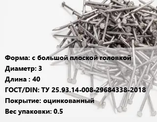 Гвоздь с большой плоской головкой 3х40 ГОСТ: ТУ 25.93.14-008-29684338-2018 оцинкованный 0.5